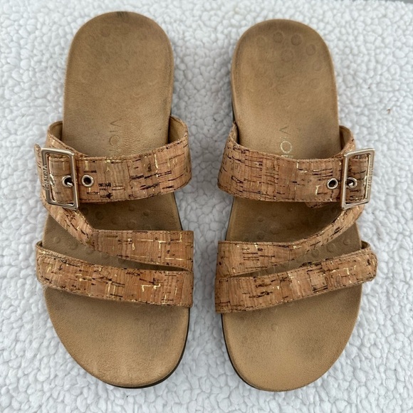 Vionic Skylar Brown Cork Print Adjustable Buckle Slide Slip On Sandals - Picture 2 of 7